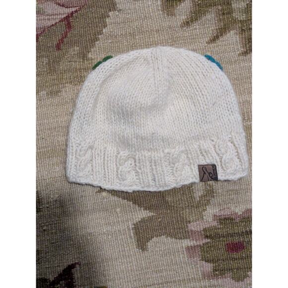 Turtle Fur Cable Knit Wool Fleece Lined Beanie Women One Size Cream Felt Flowers - Picture 6 of 7